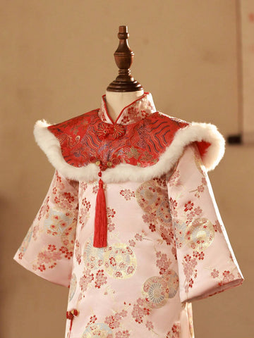 Young Girl Red Jacquard Patchwork Fluffy Trim Dress, New Year Outfit Young Girl Red Jacquard Patchwork Fluffy Trim Dress, New Year Outfit