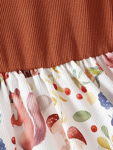 Young Girl Round Neck Long Sleeve Corduroy Cartoon Squirrel & Floral Print Dress, Cute & Comfy Pullover Dress Young Girl Round Neck Long Sleeve Corduroy Cartoon Squirrel & Floral Print Dress, Cute & Comfy Pullover Dress