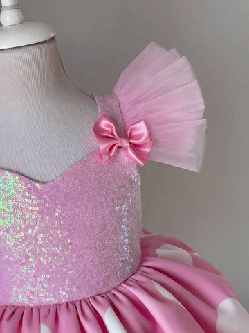 Young Girl Sequin Bow Tulle Cap Sleeve Polka Dot Princess Dress, Suitable For Birthday Party, Flower Girl, Wedding, Halloween Cosplay, Makeup Party, Prom Gown Young Girl Sequin Bow Tulle Cap Sleeve Polka Dot Princess Dress, Suitable For Birthday Party, Flower Girl, Wedding, Halloween Cosplay, Makeup Party, Prom Gown