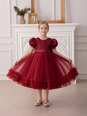Young Girl Sequin Bowknot Puff Sleeve Tulle Princess Dress Young Girl Sequin Bowknot Puff Sleeve Tulle Princess Dress