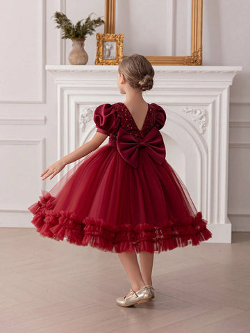 Young Girl Sequin Bowknot Puff Sleeve Tulle Princess Dress Young Girl Sequin Bowknot Puff Sleeve Tulle Princess Dress