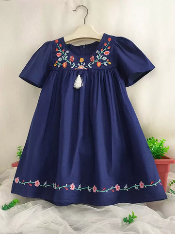 Young Girl Short Sleeve Flowers Embroidered Casual Princess Dress For Party Young Girl Summer Clothes Young Girl Short Sleeve Flowers Embroidered Casual Princess Dress For Party Young Girl Summer Clothes