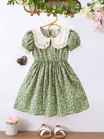 Young Girl Small French Style Vintage Countryside Floral Dress With Frill Trim, Doll Collar, Sweet & Lovely, Spring Summer New Arrival Young Girl Small French Style Vintage Countryside Floral Dress With Frill Trim, Doll Collar, Sweet & Lovely, Spring Summer New Arrival