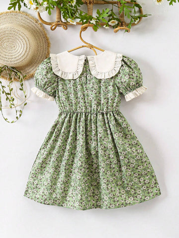 Young Girl Small French Style Vintage Countryside Floral Dress With Frill Trim, Doll Collar, Sweet & Lovely, Spring Summer New Arrival Young Girl Small French Style Vintage Countryside Floral Dress With Frill Trim, Doll Collar, Sweet & Lovely, Spring Summer New Arrival