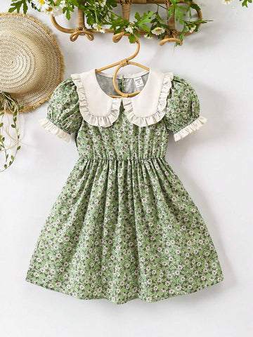 Young Girl Small French Style Vintage Countryside Floral Dress With Frill Trim, Doll Collar, Sweet & Lovely, Spring Summer New Arrival Young Girl Small French Style Vintage Countryside Floral Dress With Frill Trim, Doll Collar, Sweet & Lovely, Spring Summer New Arrival