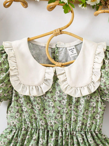 Young Girl Small French Style Vintage Countryside Floral Dress With Frill Trim, Doll Collar, Sweet & Lovely, Spring Summer New Arrival Young Girl Small French Style Vintage Countryside Floral Dress With Frill Trim, Doll Collar, Sweet & Lovely, Spring Summer New Arrival