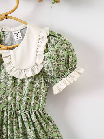 Young Girl Small French Style Vintage Countryside Floral Dress With Frill Trim, Doll Collar, Sweet & Lovely, Spring Summer New Arrival Young Girl Small French Style Vintage Countryside Floral Dress With Frill Trim, Doll Collar, Sweet & Lovely, Spring Summer New Arrival