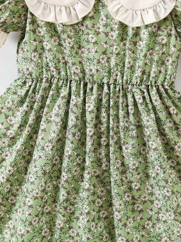 Young Girl Small French Style Vintage Countryside Floral Dress With Frill Trim, Doll Collar, Sweet & Lovely, Spring Summer New Arrival Young Girl Small French Style Vintage Countryside Floral Dress With Frill Trim, Doll Collar, Sweet & Lovely, Spring Summer New Arrival