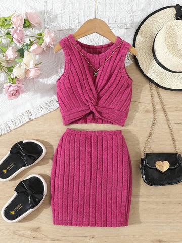Young Girl Solid Color Knitted Striped Irregular Vest Top + Skirt Set Young Girl Solid Color Knitted Striped Irregular Vest Top + Skirt Set