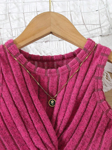 Young Girl Solid Color Knitted Striped Irregular Vest Top + Skirt Set Young Girl Solid Color Knitted Striped Irregular Vest Top + Skirt Set