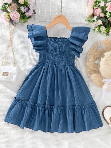 Young Girl Solid Color Ruffle Trim Puff Sleeve Mini Dress Young Girl Solid Color Ruffle Trim Puff Sleeve Mini Dress