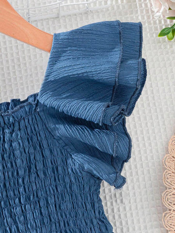 Young Girl Solid Color Ruffle Trim Puff Sleeve Mini Dress Young Girl Solid Color Ruffle Trim Puff Sleeve Mini Dress