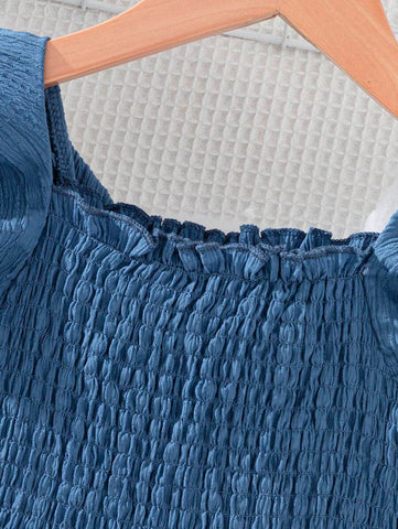 Young Girl Solid Color Ruffle Trim Puff Sleeve Mini Dress Young Girl Solid Color Ruffle Trim Puff Sleeve Mini Dress