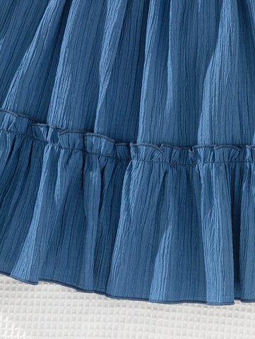 Young Girl Solid Color Ruffle Trim Puff Sleeve Mini Dress Young Girl Solid Color Ruffle Trim Puff Sleeve Mini Dress
