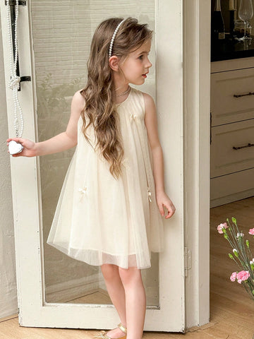 Young Girl Solid Color Spliced Mesh Sleeveless Round Neck Dress Young Girl Solid Color Spliced Mesh Sleeveless Round Neck Dress