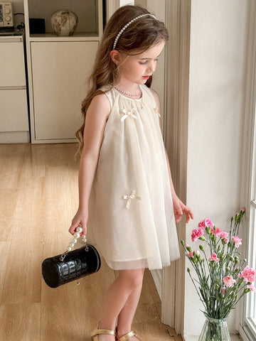 Young Girl Solid Color Spliced Mesh Sleeveless Round Neck Dress Young Girl Solid Color Spliced Mesh Sleeveless Round Neck Dress