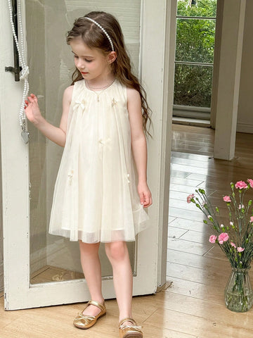 Young Girl Solid Color Spliced Mesh Sleeveless Round Neck Dress Young Girl Solid Color Spliced Mesh Sleeveless Round Neck Dress