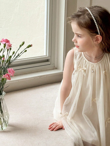 Young Girl Solid Color Spliced Mesh Sleeveless Round Neck Dress Young Girl Solid Color Spliced Mesh Sleeveless Round Neck Dress