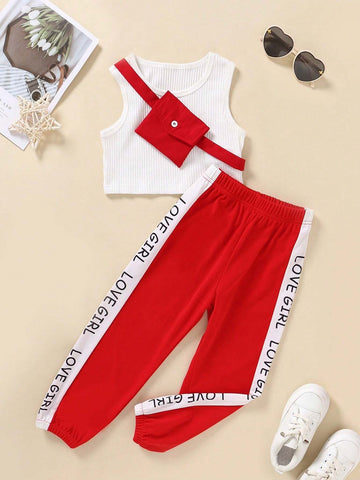 Young Girl Sporty Solid Color Vertical Striped Vest And Letter Printed Waist-Tied Colorblock Jogger Pants Outfit With Bag Young Girl Sporty Solid Color Vertical Striped Vest And Letter Printed Waist-Tied Colorblock Jogger Pants Outfit With Bag