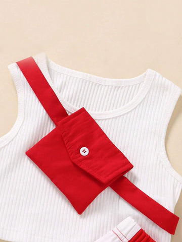 Young Girl Sporty Solid Color Vertical Striped Vest And Letter Printed Waist-Tied Colorblock Jogger Pants Outfit With Bag Young Girl Sporty Solid Color Vertical Striped Vest And Letter Printed Waist-Tied Colorblock Jogger Pants Outfit With Bag
