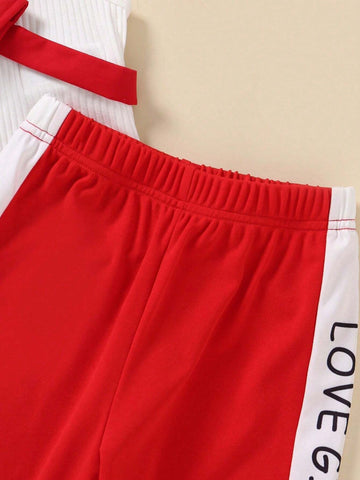 Young Girl Sporty Solid Color Vertical Striped Vest And Letter Printed Waist-Tied Colorblock Jogger Pants Outfit With Bag Young Girl Sporty Solid Color Vertical Striped Vest And Letter Printed Waist-Tied Colorblock Jogger Pants Outfit With Bag