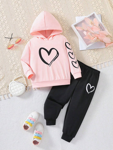 Young Girl Spring/Autumn Heart Print Long Sleeve Hoodie And Pants Set For Daily Wear Young Girl Spring/Autumn Heart Print Long Sleeve Hoodie And Pants Set For Daily Wear