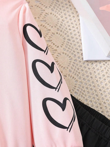 Young Girl Spring/Autumn Heart Print Long Sleeve Hoodie And Pants Set For Daily Wear Young Girl Spring/Autumn Heart Print Long Sleeve Hoodie And Pants Set For Daily Wear