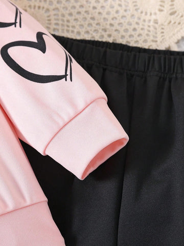 Young Girl Spring/Autumn Heart Print Long Sleeve Hoodie And Pants Set For Daily Wear Young Girl Spring/Autumn Heart Print Long Sleeve Hoodie And Pants Set For Daily Wear