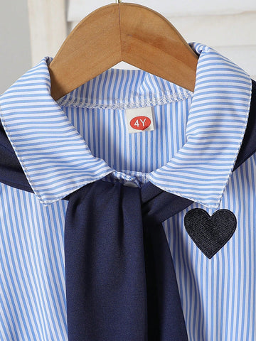 Young Girl' Striped Collar Heart Embroidery Dress + Minimalist Solid Color Shawl Young Girl' Striped Collar Heart Embroidery Dress + Minimalist Solid Color Shawl