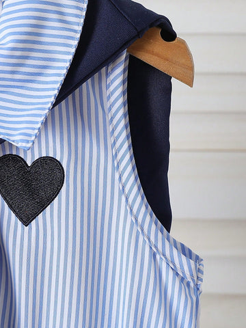 Young Girl' Striped Collar Heart Embroidery Dress + Minimalist Solid Color Shawl Young Girl' Striped Collar Heart Embroidery Dress + Minimalist Solid Color Shawl