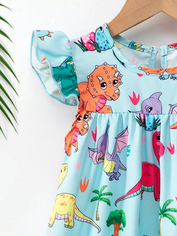Young Girl Summer Casual Dinosaur Print Cap Sleeve Dress Young Girl Summer Casual Dinosaur Print Cap Sleeve Dress