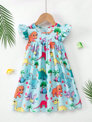 Young Girl Summer Casual Dinosaur Print Cap Sleeve Dress Young Girl Summer Casual Dinosaur Print Cap Sleeve Dress