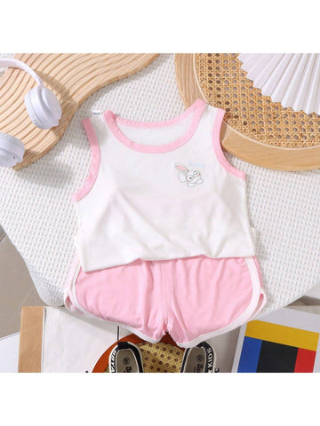 Young Girl Summer Casual Fashionable Thin Cartoon Printed Contrast Trim Tank Top And Shorts Set Young Girl Summer Casual Fashionable Thin Cartoon Printed Contrast Trim Tank Top And Shorts Set