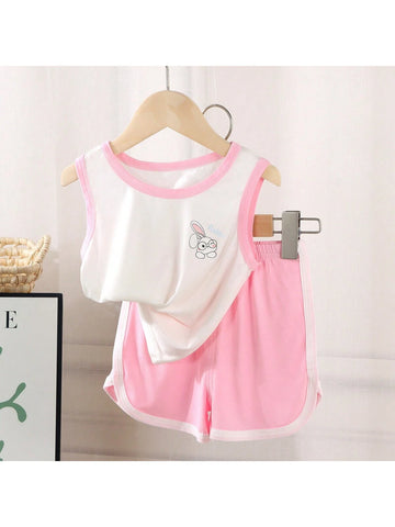 Young Girl Summer Casual Fashionable Thin Cartoon Printed Contrast Trim Tank Top And Shorts Set Young Girl Summer Casual Fashionable Thin Cartoon Printed Contrast Trim Tank Top And Shorts Set