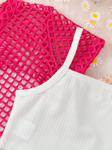 Young Girl Summer Casual Outfit, Mesh Lace Top + Strappy Tank Top + Cargo Shorts Belted Three-Piece Set Young Girl Summer Casual Outfit, Mesh Lace Top + Strappy Tank Top + Cargo Shorts Belted Three-Piece Set