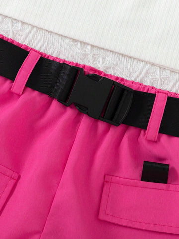 Young Girl Summer Casual Outfit, Mesh Lace Top + Strappy Tank Top + Cargo Shorts Belted Three-Piece Set Young Girl Summer Casual Outfit, Mesh Lace Top + Strappy Tank Top + Cargo Shorts Belted Three-Piece Set