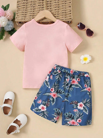 Young Girl Summer Casual Plant And Letter Printed Patchwork Short Sleeve T-Shirt And Shorts Set Young Girl Summer Casual Plant And Letter Printed Patchwork Short Sleeve T-Shirt And Shorts Set