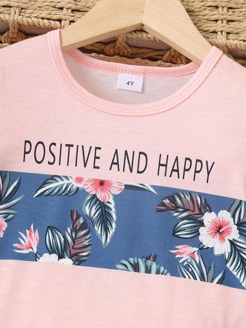 Young Girl Summer Casual Plant And Letter Printed Patchwork Short Sleeve T-Shirt And Shorts Set Young Girl Summer Casual Plant And Letter Printed Patchwork Short Sleeve T-Shirt And Shorts Set