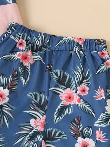 Young Girl Summer Casual Plant And Letter Printed Patchwork Short Sleeve T-Shirt And Shorts Set Young Girl Summer Casual Plant And Letter Printed Patchwork Short Sleeve T-Shirt And Shorts Set