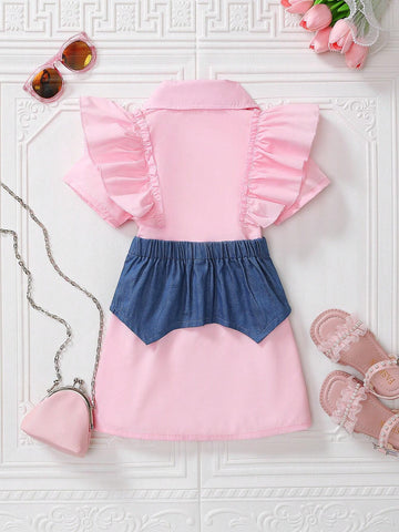 Young Girl Summer Dress Sweet And Cute Style, Spliced With Ruffle Trim And Short Sleeves, Cool And Breathable, Imitation Denim Spliced Dress Young Girl Summer Dress Sweet And Cute Style, Spliced With Ruffle Trim And Short Sleeves, Cool And Breathable, Imitation Denim Spliced Dress