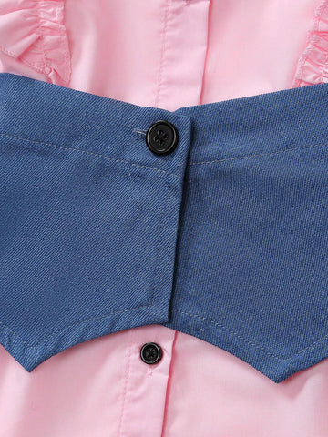 Young Girl Summer Dress Sweet And Cute Style, Spliced With Ruffle Trim And Short Sleeves, Cool And Breathable, Imitation Denim Spliced Dress Young Girl Summer Dress Sweet And Cute Style, Spliced With Ruffle Trim And Short Sleeves, Cool And Breathable, Imitation Denim Spliced Dress