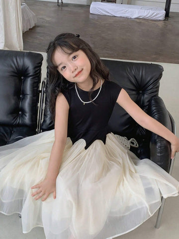 Young Girl Summer Fashion Parent-Child Outfit Two Tone Mesh Flare Hem Dress Young Girl Summer Fashion Parent-Child Outfit Two Tone Mesh Flare Hem Dress