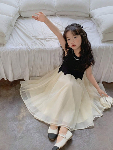 Young Girl Summer Fashion Parent-Child Outfit Two Tone Mesh Flare Hem Dress Young Girl Summer Fashion Parent-Child Outfit Two Tone Mesh Flare Hem Dress