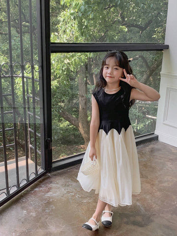Young Girl Summer Fashion Parent-Child Outfit Two Tone Mesh Flare Hem Dress Young Girl Summer Fashion Parent-Child Outfit Two Tone Mesh Flare Hem Dress