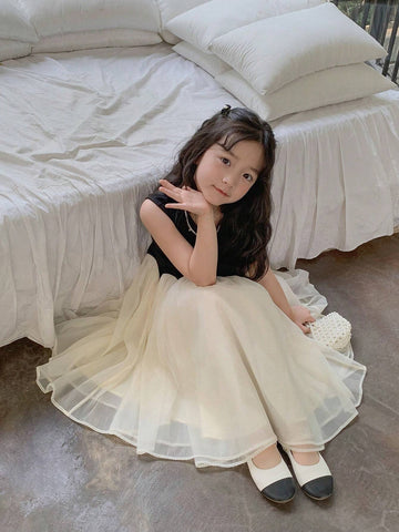 Young Girl Summer Fashion Parent-Child Outfit Two Tone Mesh Flare Hem Dress Young Girl Summer Fashion Parent-Child Outfit Two Tone Mesh Flare Hem Dress