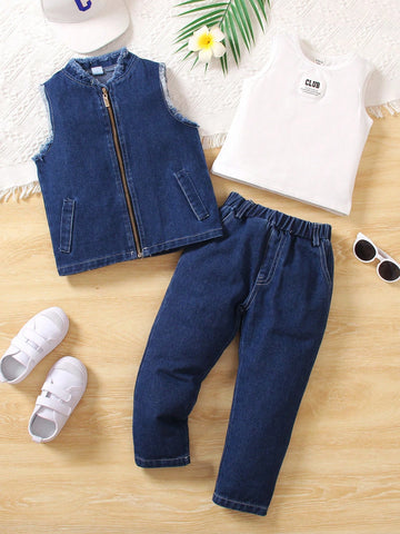 Young Girl Summer Frayed Denim Vest And Extended Length Pants With Patch Shirt Set Young Girl Summer Frayed Denim Vest And Extended Length Pants With Patch Shirt Set