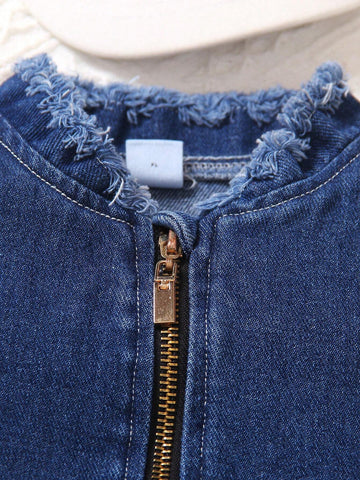 Young Girl Summer Frayed Denim Vest And Extended Length Pants With Patch Shirt Set Young Girl Summer Frayed Denim Vest And Extended Length Pants With Patch Shirt Set