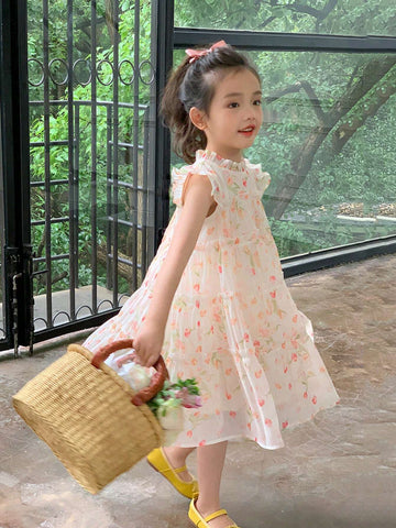 Young Girl Summer Mesh Floral Cake Princess Dress With Puff Sleeves, Cute And Sweet, A-Line Dress Young Girl Summer Mesh Floral Cake Princess Dress With Puff Sleeves, Cute And Sweet, A-Line Dress