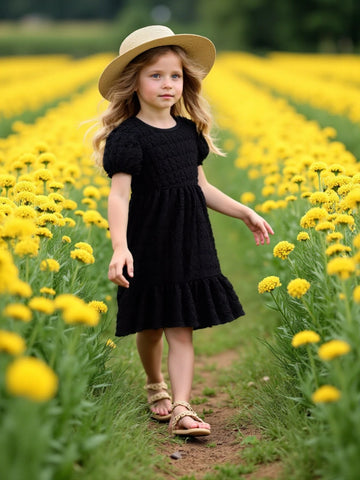 Young Girl Summer Solid Color Puff Sleeve Pleated Dress Young Girl Summer Solid Color Puff Sleeve Pleated Dress