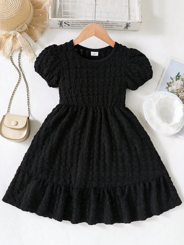 Young Girl Summer Solid Color Puff Sleeve Pleated Dress Young Girl Summer Solid Color Puff Sleeve Pleated Dress
